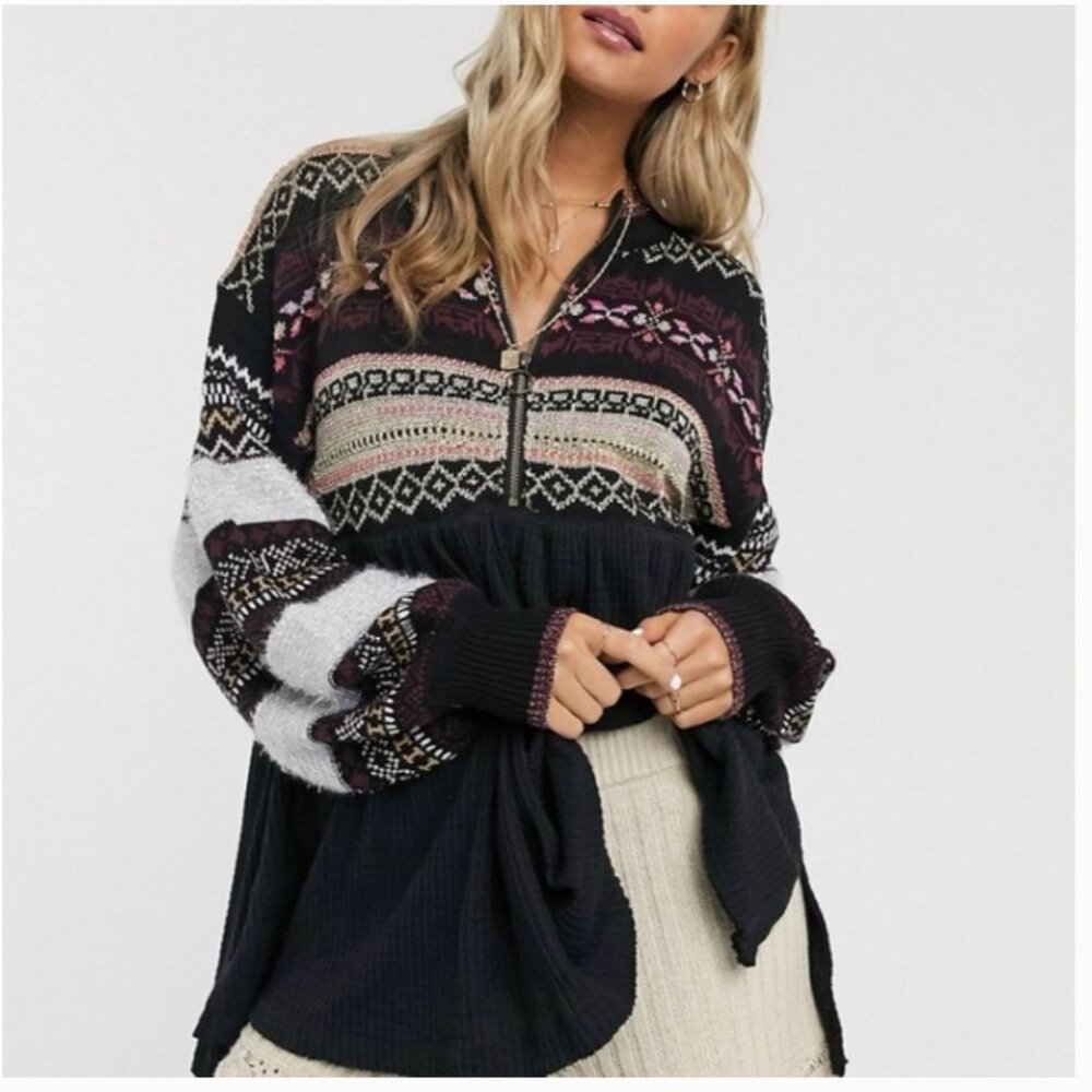 Free People Cozy Cottage Half Zip Fair Isle Waffle Pullover Sweater XS